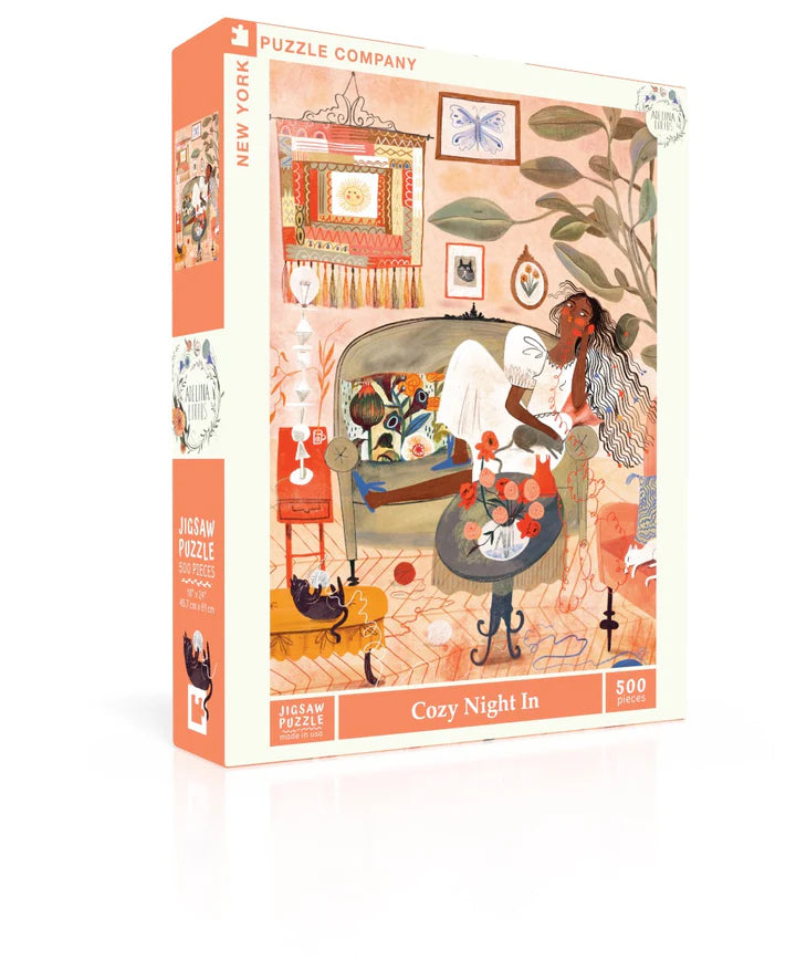 New York Puzzle Company Cozy Night In 1000-piece jigsaw puzzle featuring a warm and inviting home interior with books, cozy furnishings, and a relaxing evening atmosphere.
