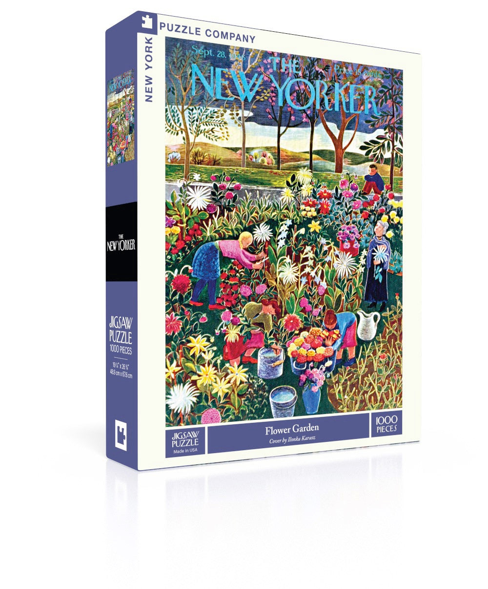 New York Puzzle Company Flower Garden 1000-piece jigsaw puzzle featuring a colorful garden filled with blooming flowers, lush greenery, and vibrant botanical beauty.