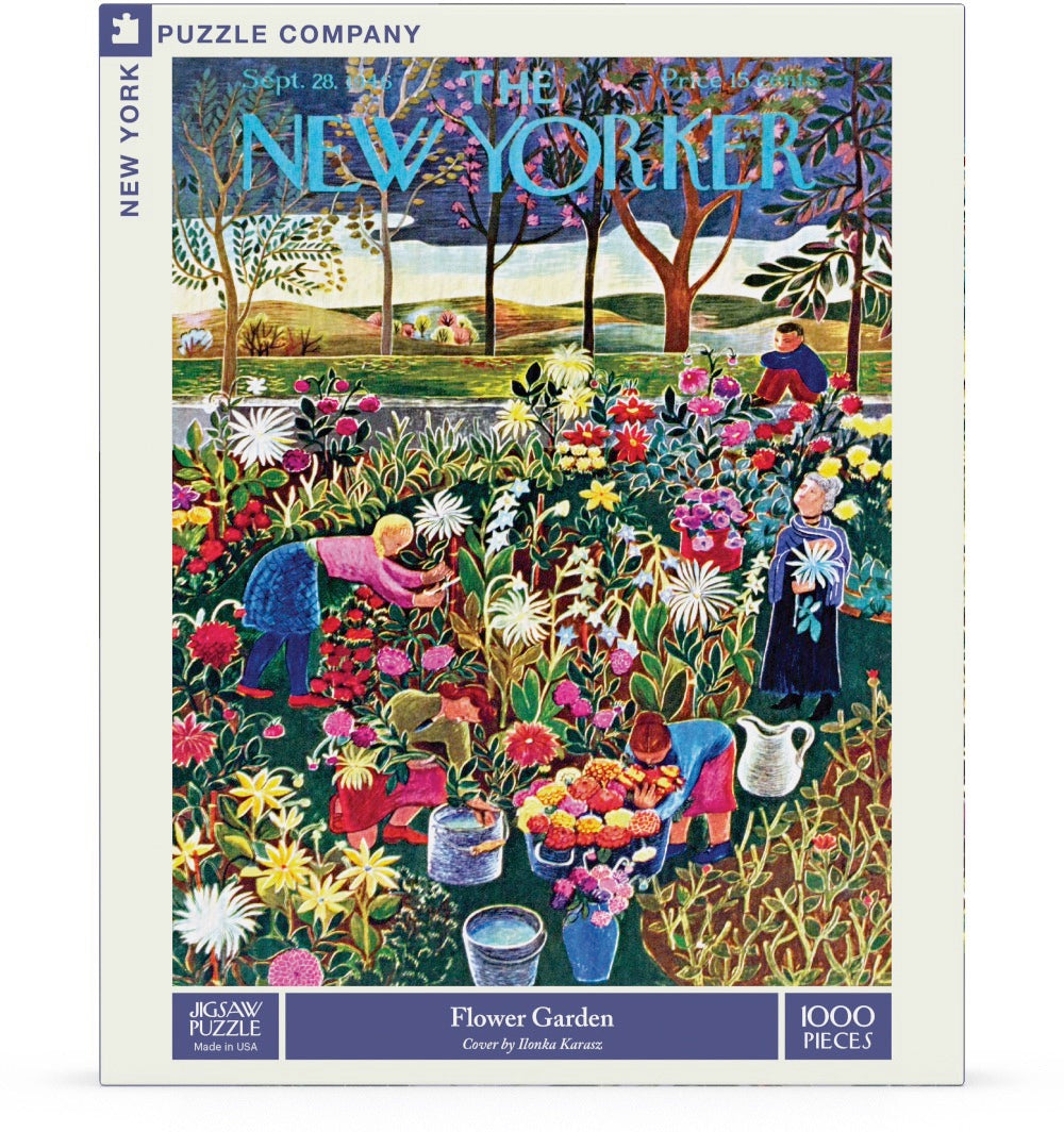 New York Puzzle Company Flower Garden 1000-piece jigsaw puzzle featuring a colorful garden filled with blooming flowers, lush greenery, and vibrant botanical beauty.