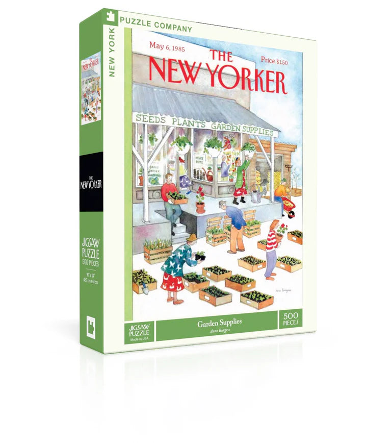 New York Puzzle Company Garden Supplies 1000-piece jigsaw puzzle featuring gardening tools, flower pots, plants, and charming garden essentials in a colorful outdoor setting.