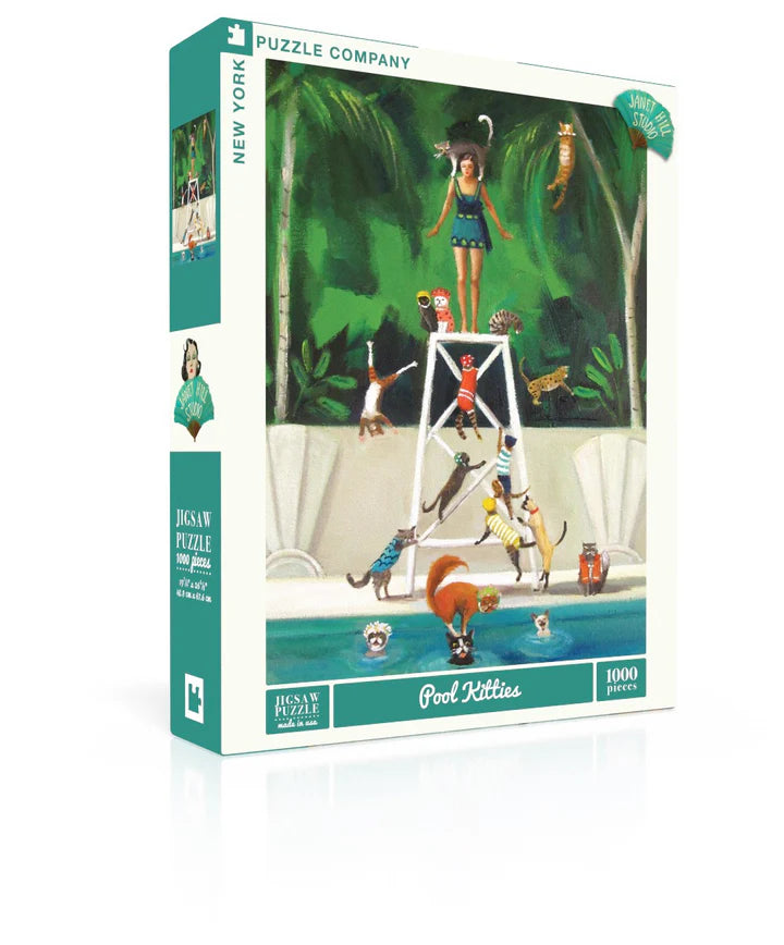 New York Puzzle Company Pool Kitties 1000-piece jigsaw puzzle featuring playful cats enjoying a sunny poolside setting with colorful summer details and whimsical artwork.
