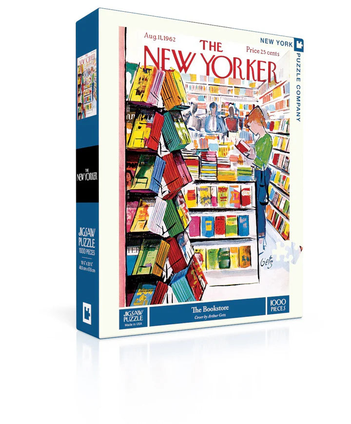 New York Puzzle Company The Bookstore 1000-piece jigsaw puzzle featuring a charming independent bookstore filled with books, cozy reading spaces, and literary treasures.