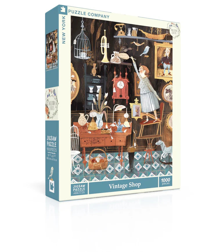 New York Puzzle Company Vintage Shop 1000-piece jigsaw puzzle featuring a nostalgic vintage shop filled with antiques, collectibles, and charming old-fashioned details.