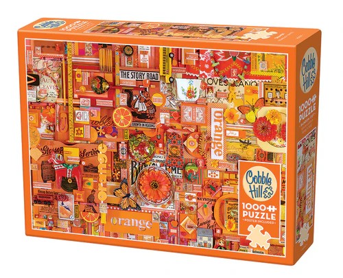 Cobble Hill Orange 1000-piece jigsaw puzzle featuring a colorful collage celebrating the color orange with fruit, flowers, wildlife, and vibrant everyday objects.