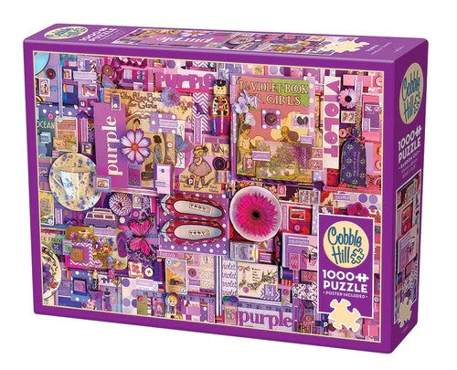 Cobble Hill Purple 1000-piece jigsaw puzzle featuring a vivid collage celebrating the color purple with flowers, butterflies, decorative objects, and artistic details.