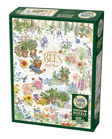 Cobble Hill Save the Bees 1000-piece jigsaw puzzle featuring honeybees, wildflowers, beehives, and a vibrant pollinator-friendly garden.