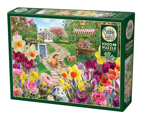 Cobble Hill Springtime Frolic 1000-piece jigsaw puzzle featuring blooming spring flowers, cheerful wildlife, and vibrant countryside scenery.