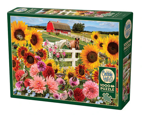 Cobble Hill Sunflower Farm 1000-piece jigsaw puzzle featuring bright sunflower fields, rustic farm scenery, and beautiful summer countryside landscapes.