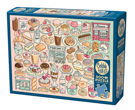 Cobble Hill Treat Yourself 1000-piece jigsaw puzzle featuring delicious desserts, sweet treats, colorful pastries, and beautifully arranged bakery delights.