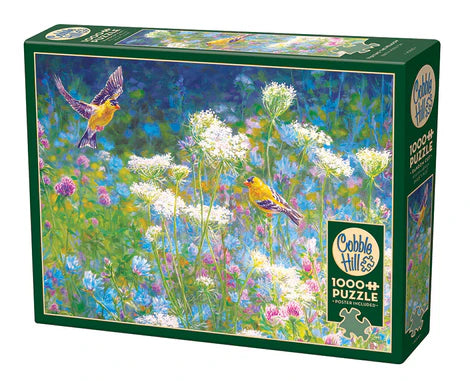 Cobble Hill Visiting the Meadow 1000-piece jigsaw puzzle featuring colorful wildflowers, butterflies, birds, and peaceful meadow wildlife.