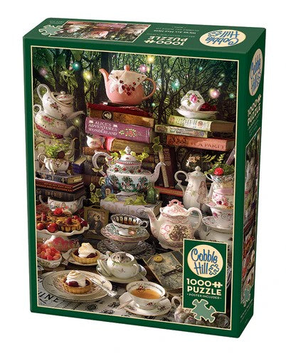 Cobble Hill We're All Mad Here 1000-piece jigsaw puzzle featuring a whimsical tea party inspired by classic fantasy with colorful characters and imaginative details.