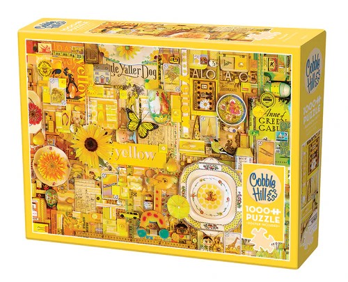Cobble Hill Yellow 1000-piece jigsaw puzzle featuring a vibrant collage celebrating the color yellow with cheerful objects, flowers, food, and playful illustrations.