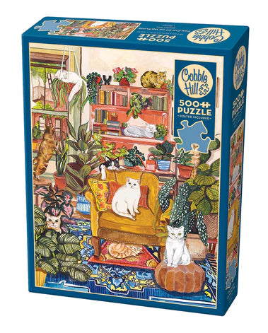 Cobble Hill You Can Sit on the Floor 1000-piece jigsaw puzzle featuring playful pets relaxing in a cozy home filled with colorful furniture and charming details.