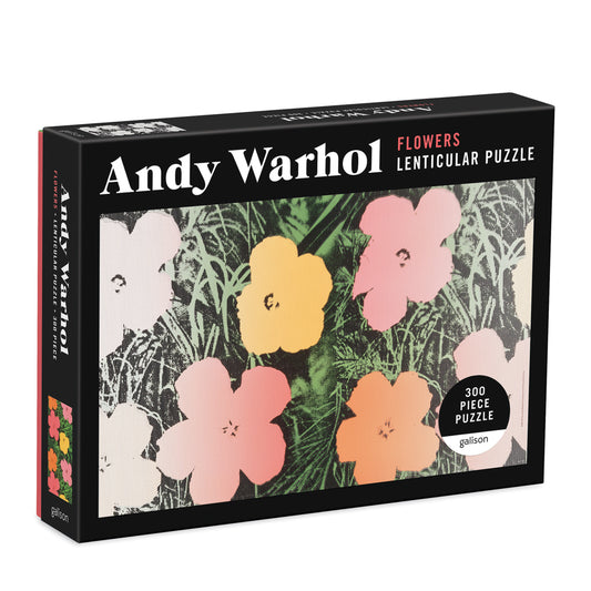 Galison Andy Warhol Flowers 300-piece lenticular jigsaw puzzle featuring the iconic colorful flower artwork with a dynamic lenticular effect.