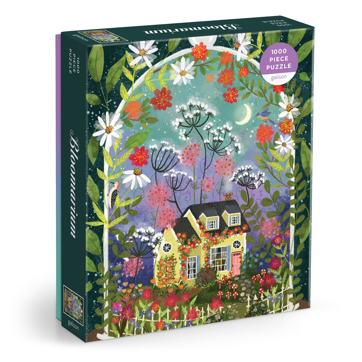 Galison Joy Laforme Bloomarium 1000-piece jigsaw puzzle featuring a vibrant flower shop overflowing with colorful blooms, lush plants, and whimsical botanical artwork.