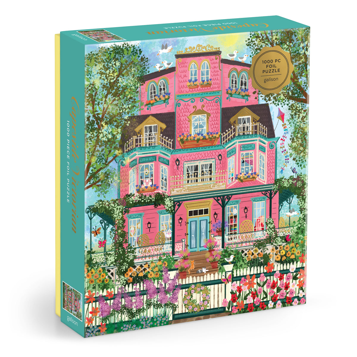 Galison Joy Laforme Capeside Victorian 1000-piece foil jigsaw puzzle featuring a beautiful Victorian home by the coast with sparkling foil accents, blooming gardens, and ocean views.
