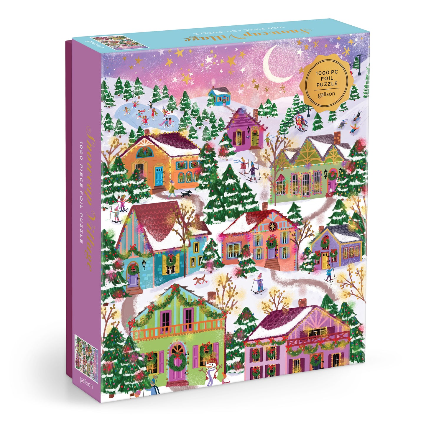 Galison Joy Laforme Snowcap Village 1000-piece foil jigsaw puzzle featuring a magical snow-covered village with sparkling foil accents, cozy homes, and festive winter scenery.