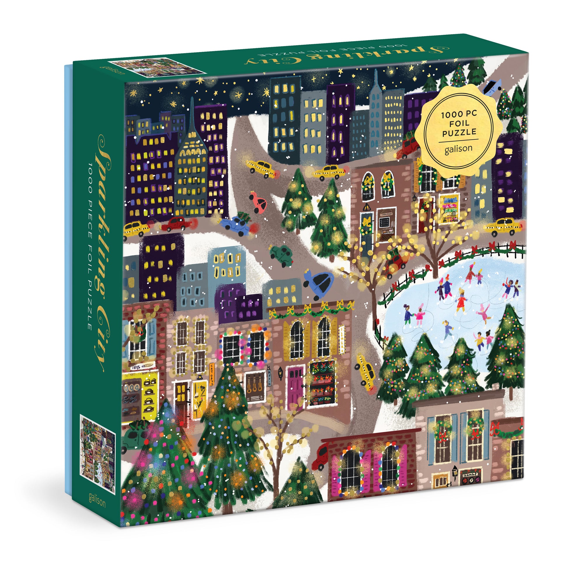 Galison Joy Laforme Sparkling City 1000-piece foil jigsaw puzzle featuring a dazzling city skyline with sparkling foil accents, colorful buildings, and vibrant urban charm.