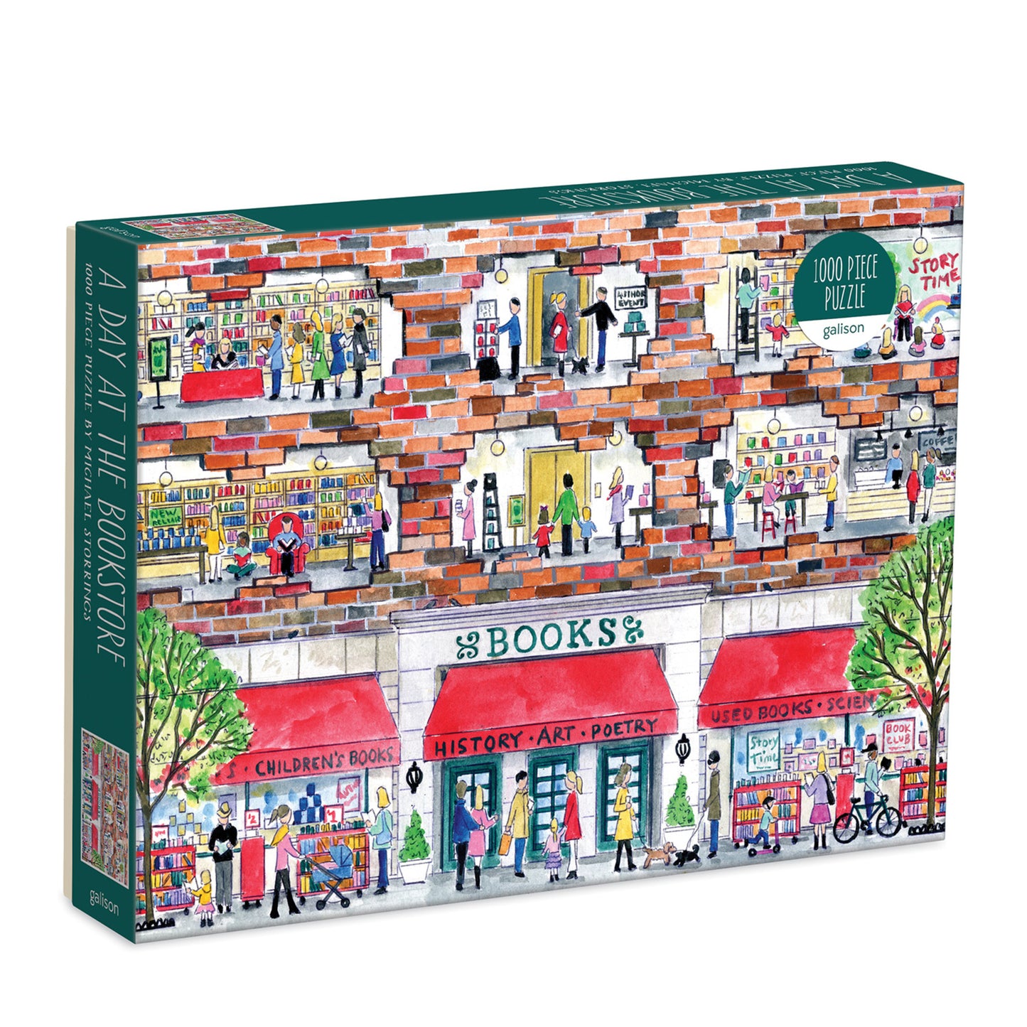 Galison Michael Storrings A Day at the Bookstore 1000-piece jigsaw puzzle featuring a charming independent bookstore filled with books, readers, and cozy literary scenes.