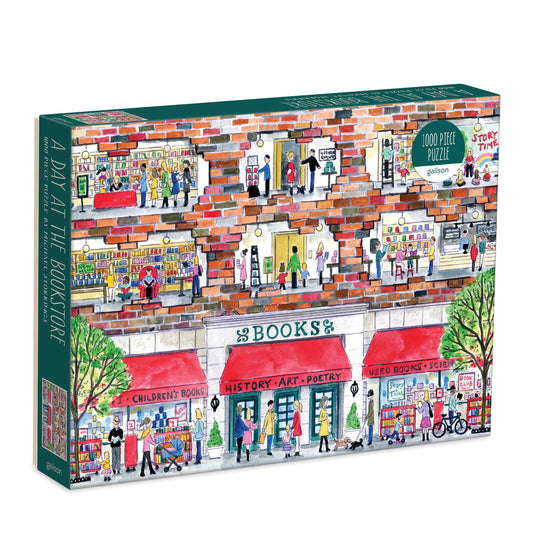 Galison Michael Storrings A Day at the Bookstore 1000-piece jigsaw puzzle featuring a charming independent bookstore filled with books, readers, and cozy literary scenes.