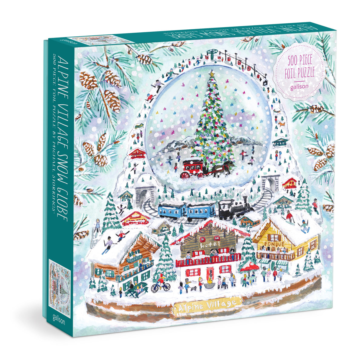 Galison Michael Storrings Alpine Village Snowglobe 500-piece foil jigsaw puzzle featuring a charming alpine village inside a festive snow globe with shimmering foil details.