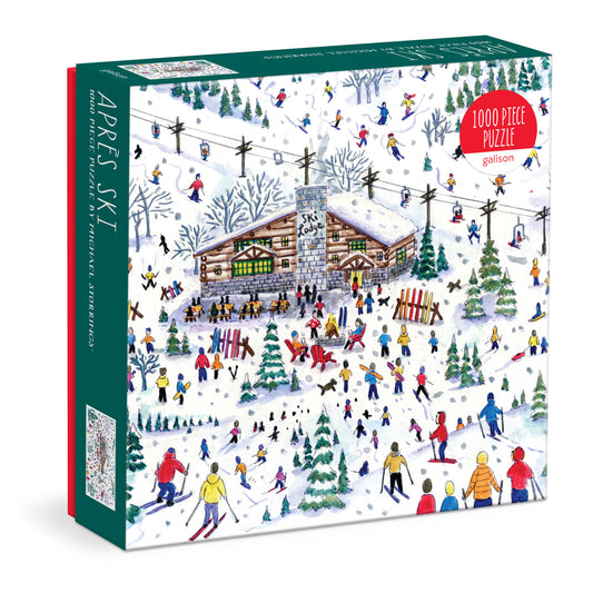 Galison Michael Storrings Apres Ski 1000-piece jigsaw puzzle featuring a cozy mountain ski resort with winter activities and snowy scenery.