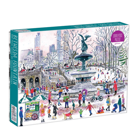 Galison Michael Storrings Bethesda Fountain 1000-piece jigsaw puzzle featuring the iconic Bethesda Fountain in Central Park surrounded by beautiful trees, seasonal colors, and visitors enjoying the park.