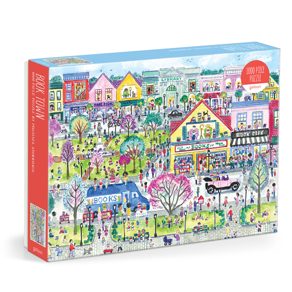 Galison Michael Storrings Book Townscape 1000-piece jigsaw puzzle featuring a whimsical town built from colorful books with charming bookstores, literary landmarks, and imaginative artwork.
