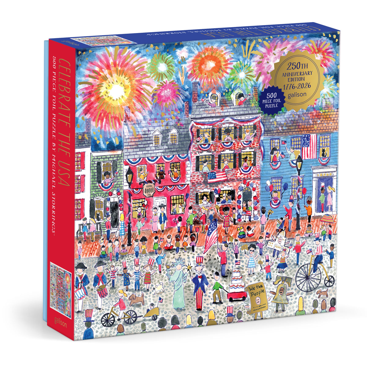 Galison Michael Storrings Celebrate The USA 500-piece foil jigsaw puzzle featuring iconic American landmarks, patriotic celebrations, and shimmering foil details.