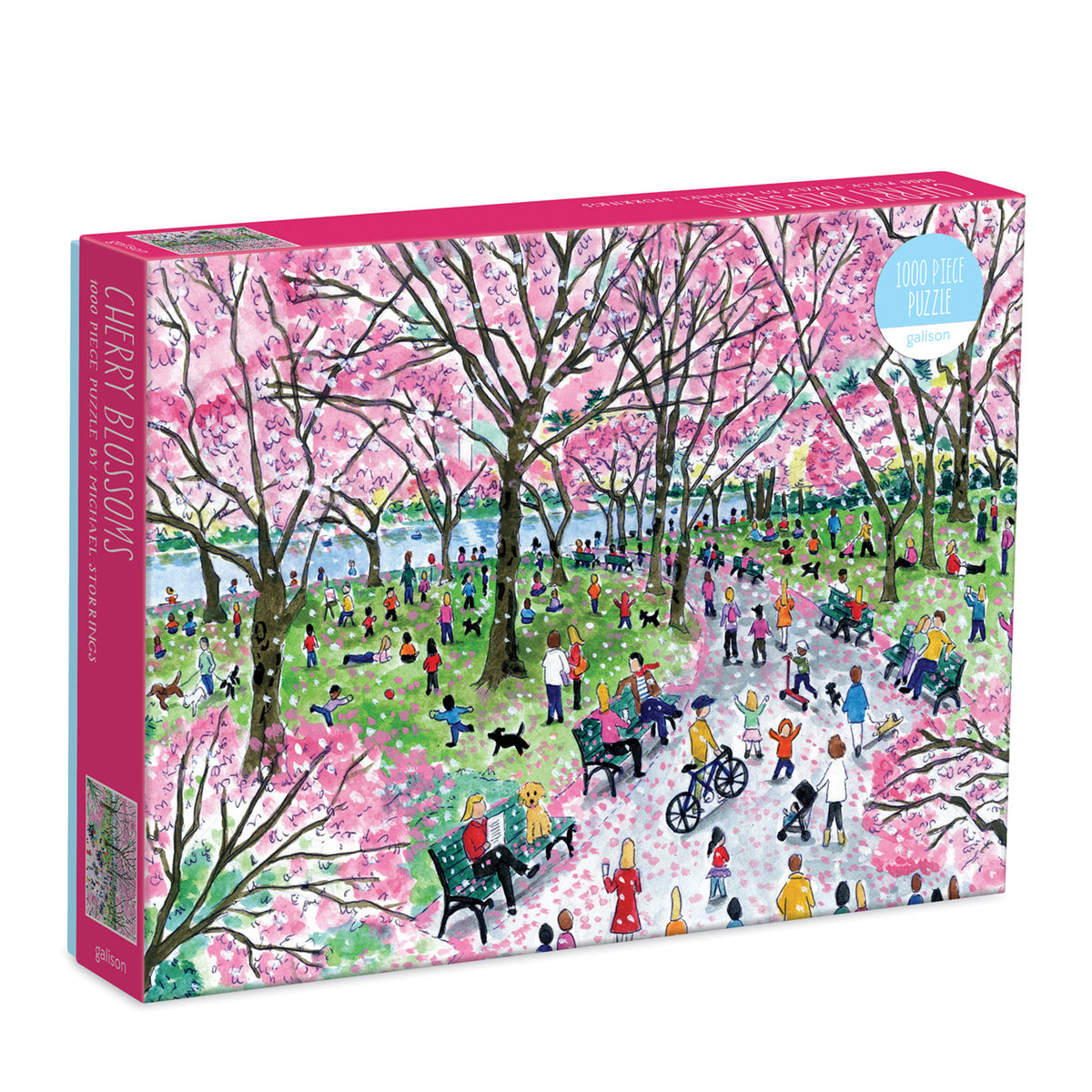 Galison Michael Storrings Cherry Blossoms 1000-piece jigsaw puzzle featuring blooming cherry blossom trees, scenic park pathways, vibrant spring colors, and peaceful seasonal beauty.