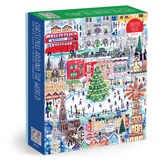 Galison Michael Storrings Christmas Around The World 1500-piece jigsaw puzzle featuring iconic holiday celebrations, festive landmarks, Christmas traditions, and vibrant seasonal artwork from around the world.