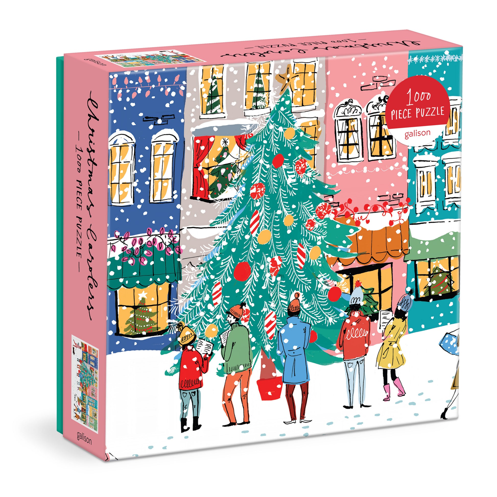 Galison Michael Storrings Christmas Carolers 1000-piece jigsaw puzzle featuring joyful holiday carolers singing beneath festive lights, decorated storefronts, and charming winter streets.