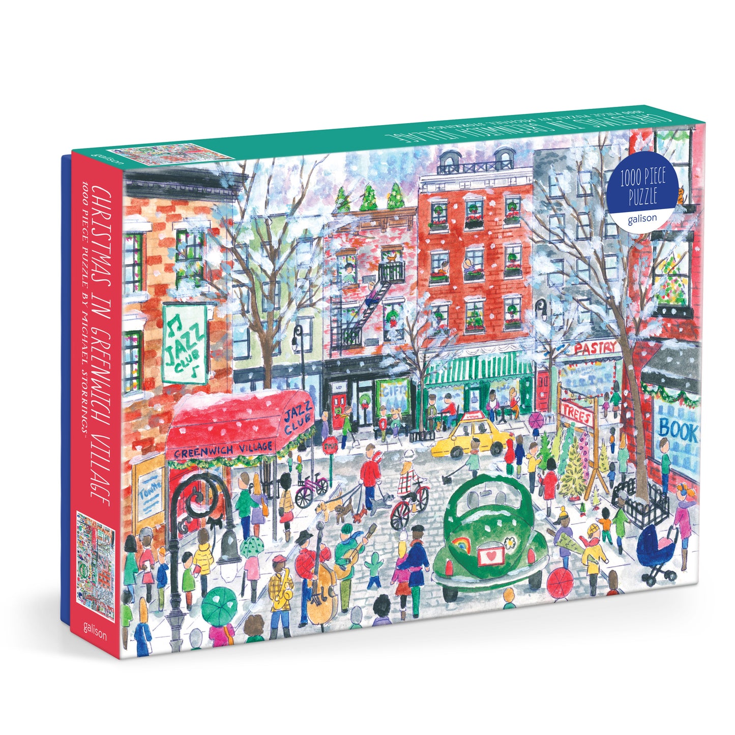 Galison Michael Storrings Christmas in Greenwich Village 1000-piece jigsaw puzzle featuring festive holiday lights, decorated townhouses, and a charming New York neighborhood.