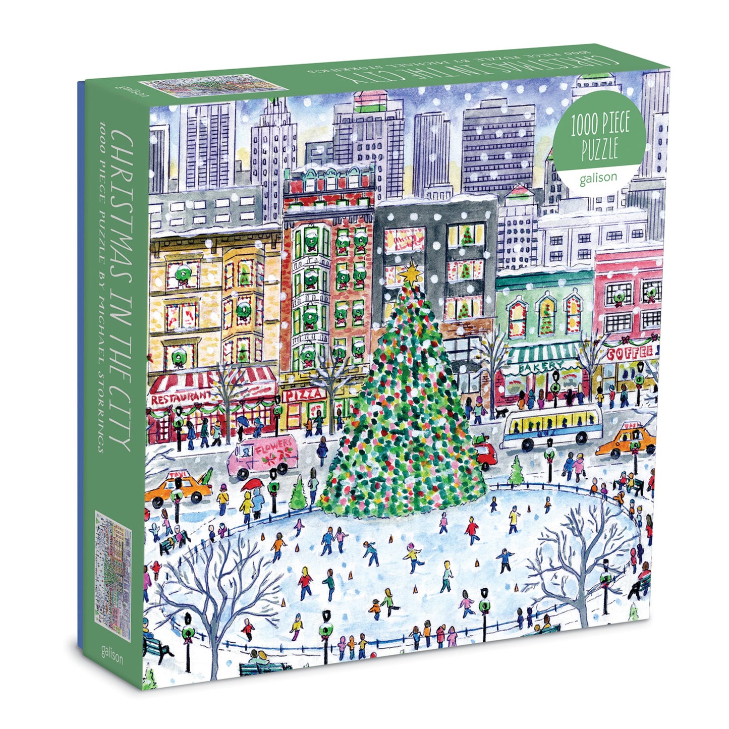 Galison Michael Storrings Christmas in the City 1000-piece jigsaw puzzle featuring a festive city decorated with Christmas lights, holiday shoppers, seasonal displays, and joyful winter celebrations.