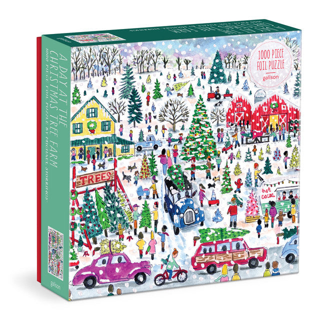 Galison Michael Storrings Christmas Tree Farm 1000-piece foil jigsaw puzzle featuring a festive Christmas tree farm with holiday shoppers, snowy scenery, and shimmering foil accents.