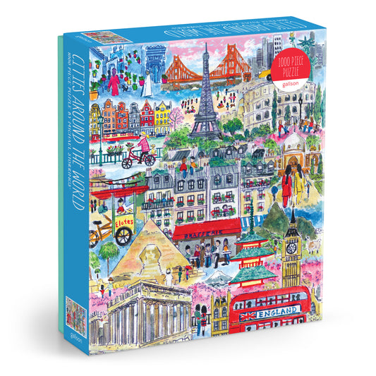 Galison Michael Storrings Cities Around the World 1000-piece jigsaw puzzle featuring famous cities, global landmarks, and colorful travel-inspired illustrations.