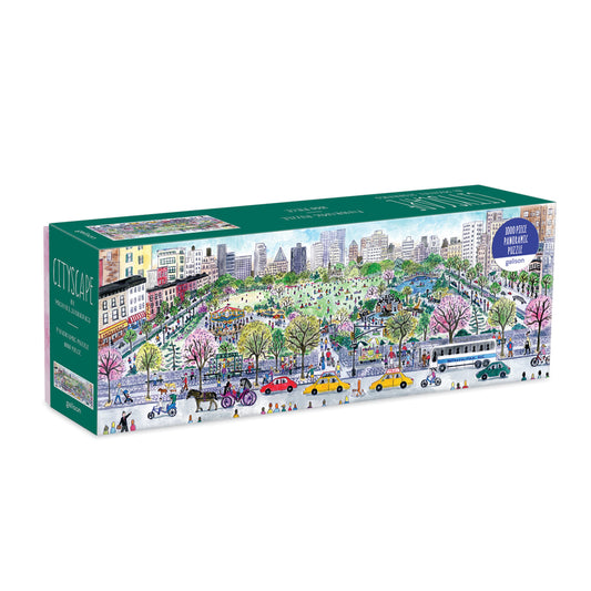Galison Michael Storrings Cityscape 1000-piece panoramic jigsaw puzzle featuring a colorful urban skyline with iconic buildings, busy streets, parks, and lively city life.