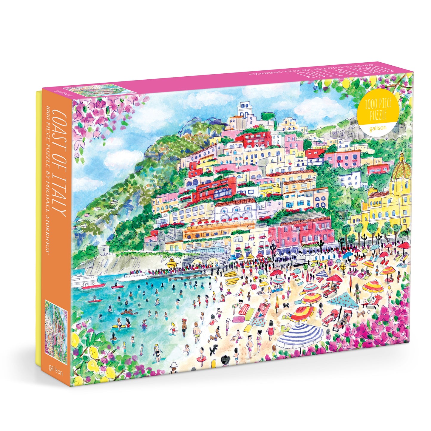 Galison Michael Storrings Coast of Italy 1000-piece jigsaw puzzle featuring colorful Italian seaside villages and stunning Mediterranean coastal views.