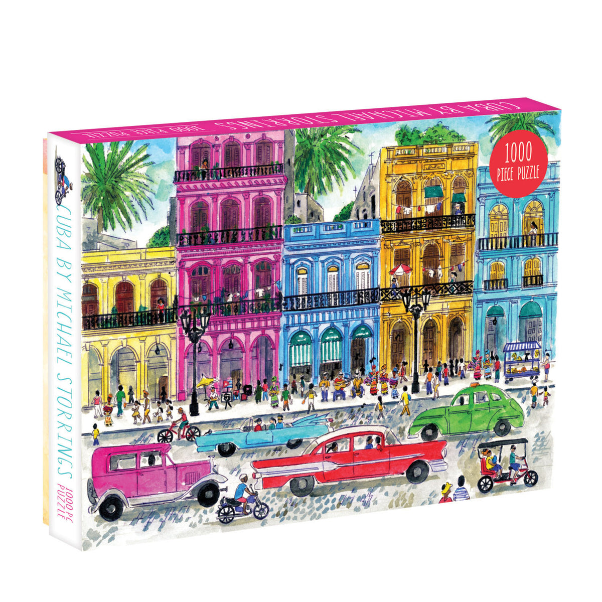 Galison Michael Storrings Cuba 1000-piece jigsaw puzzle featuring colorful streets of Cuba with classic vintage cars, colonial architecture, tropical scenery, and vibrant island culture.