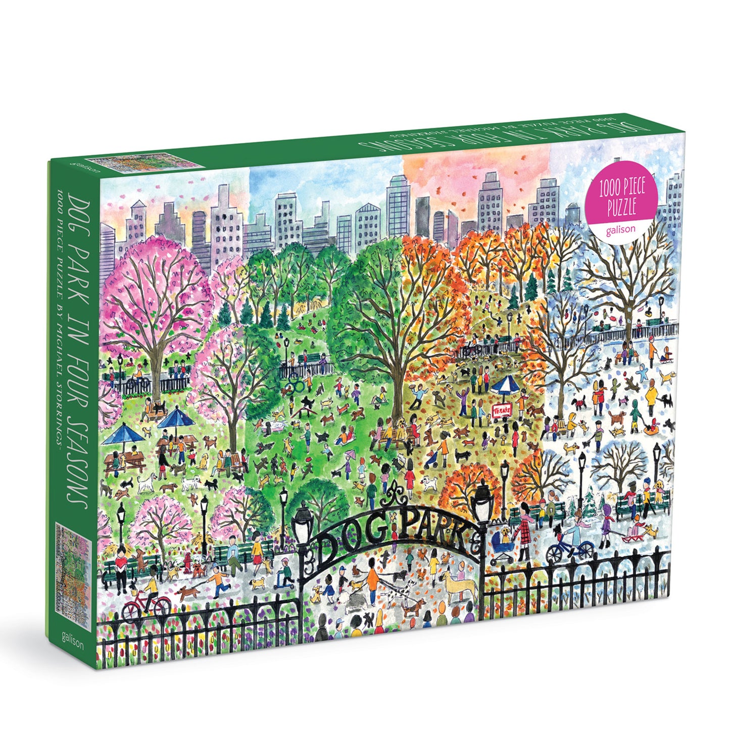 Galison Michael Storrings Dog Park in Four Seasons 1000-piece jigsaw puzzle featuring happy dogs playing in a park throughout spring, summer, autumn, and winter