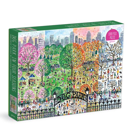 Galison Michael Storrings Dog Park in Four Seasons 1000-piece jigsaw puzzle featuring happy dogs playing in a park throughout spring, summer, autumn, and winter