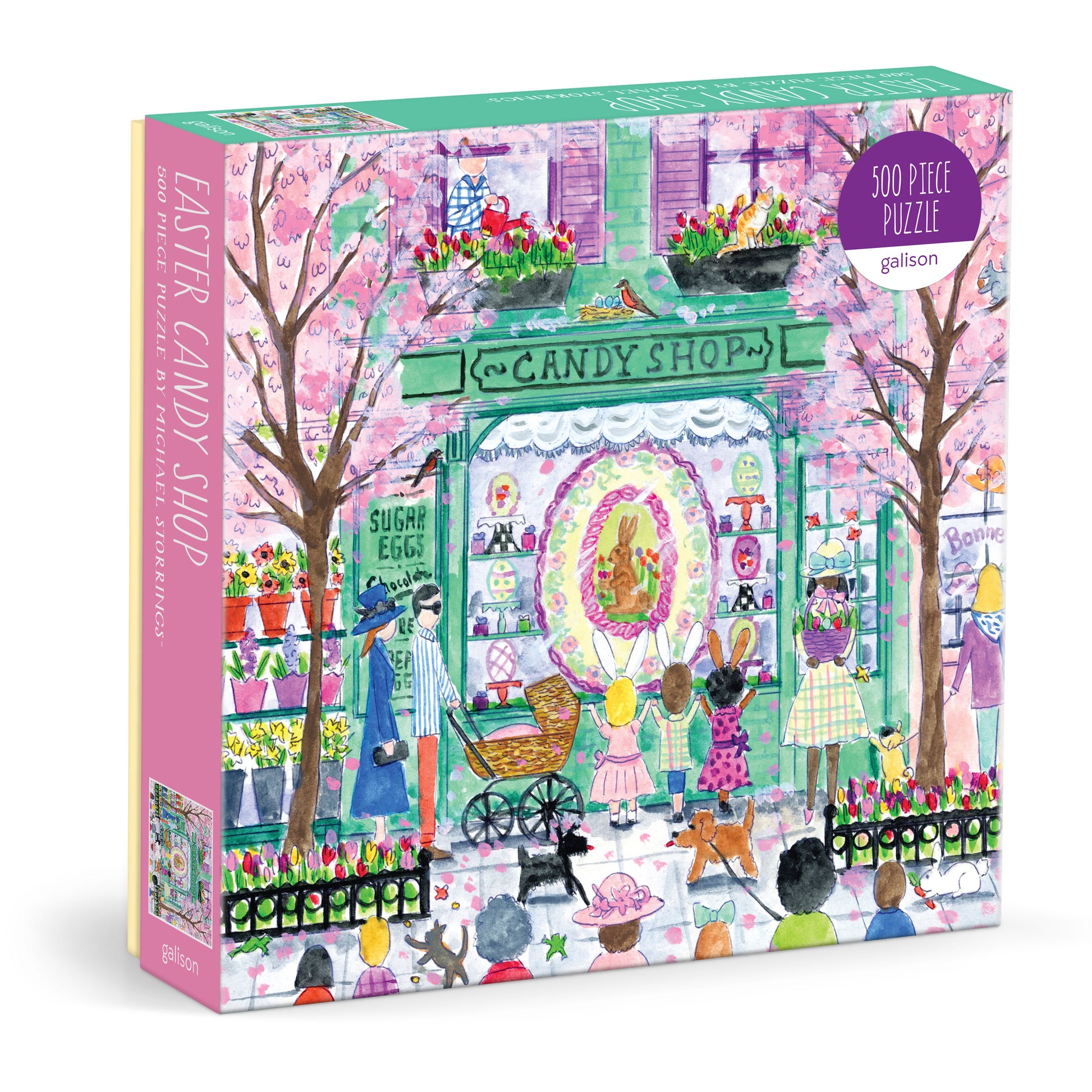 Galison Michael Storrings Easter Candy Shop 500-piece jigsaw puzzle featuring a festive candy shop filled with Easter treats, colorful sweets, spring decorations, and holiday charm.