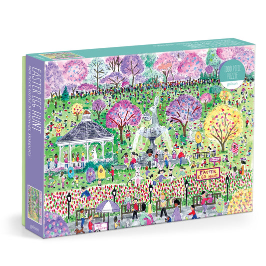 Galison Michael Storrings Easter Egg Hunt 1000-piece jigsaw puzzle featuring children searching for colorful Easter eggs in a blooming spring park filled with festive decorations.