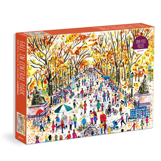 Galison Michael Storrings Fall in Central Park 1000-piece jigsaw puzzle featuring colorful autumn trees, New York City's Central Park, and people enjoying the fall season.