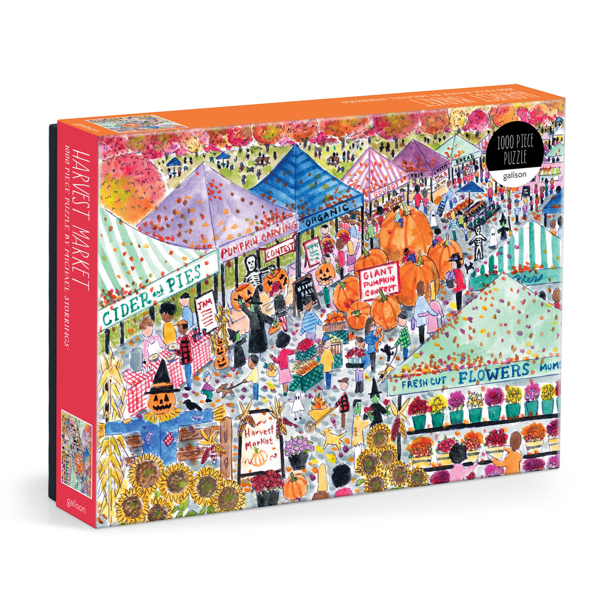 Galison Michael Storrings Harvest Market 1000-piece jigsaw puzzle featuring a lively autumn market filled with pumpkins, fresh produce, and seasonal decorations.