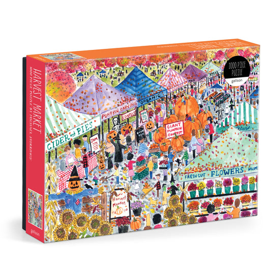Galison Michael Storrings Harvest Market 1000-piece jigsaw puzzle featuring a lively autumn market filled with pumpkins, fresh produce, and seasonal decorations.