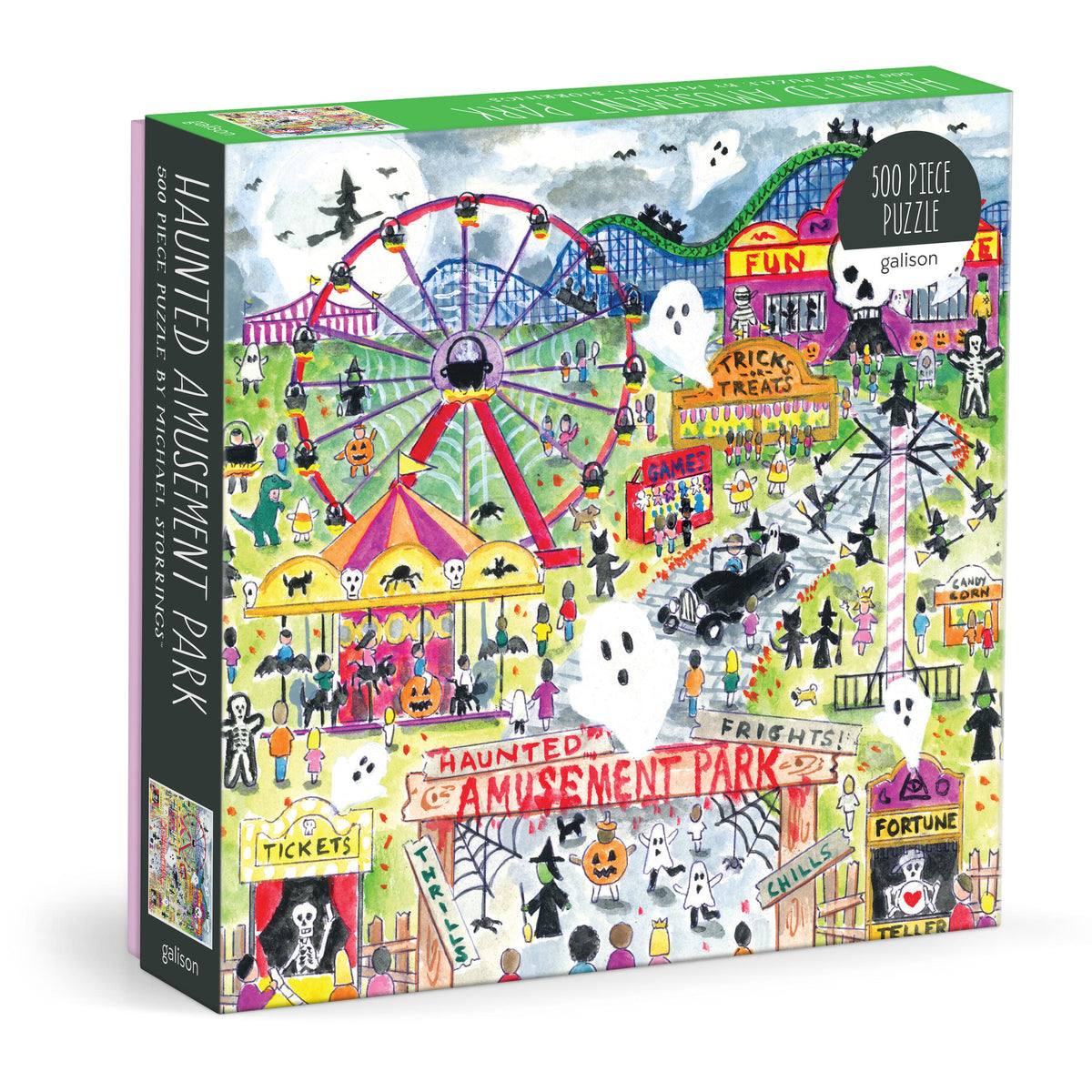Galison Michael Storrings Haunted Amusement Park 500-piece jigsaw puzzle featuring a spooky amusement park filled with haunted rides, Halloween decorations, glowing lights, and festive autumn fun.