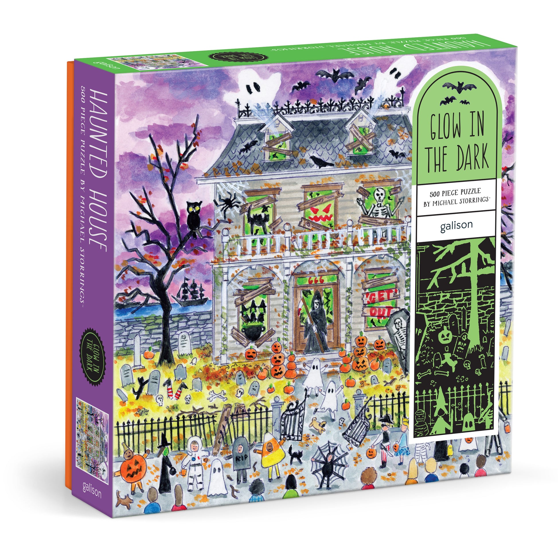 Galison Michael Storrings Haunted House 500-piece glow-in-the-dark jigsaw puzzle featuring a spooky haunted mansion with Halloween-themed artwork.