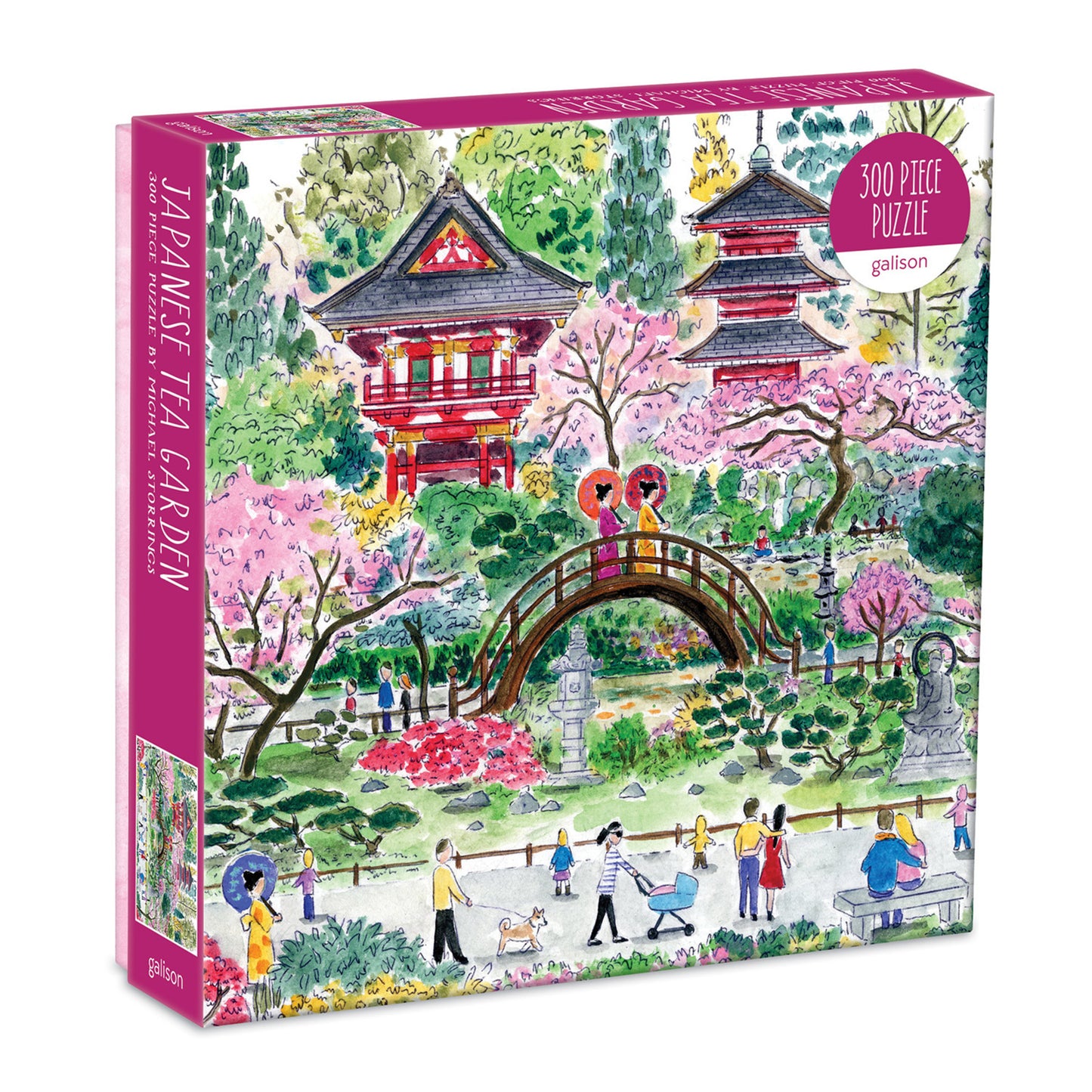 Galison Michael Storrings Japanese Tea Garden 300-piece jigsaw puzzle featuring a tranquil Japanese tea garden with elegant bridges, koi ponds, blooming cherry blossoms, and peaceful landscapes.