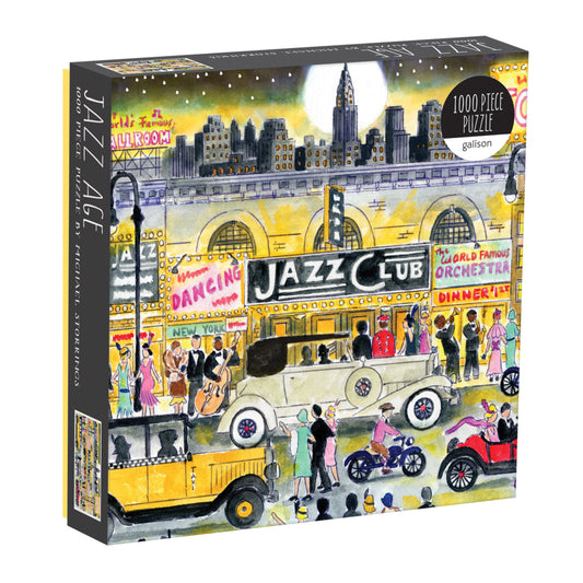 Galison Michael Storrings Jazz Age 1000-piece jigsaw puzzle featuring a glamorous Jazz Age celebration with elegant fashion, lively music, vintage décor, and vibrant Art Deco style.